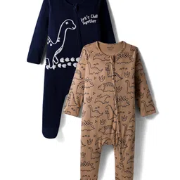 Bonfino 100% Cotton Full Sleeves Footed Sleepsuits With Dino Print Pack Of 2 - Navy Blue & Peach image 1