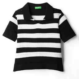 UCB 100% Cotton Woven Half Sleeves Striped Boxy Polo Top - Black & White-image-16