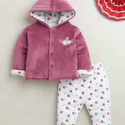 BUMZEE Knit Full Sleeves Flowers Embroidered & Printed Hooded Winter Wear Set - Mauve & White-picture-11