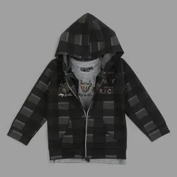 Actuel Pure Cotton Knit Full Sleeves Abstract Printed Light Winter Hooded Jacket With Tee - Black & Grey-picture-11