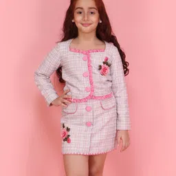 Cutecumber Embosis Hosiery Woven Full Sleeves Floral Applique Detailed Top & Skirt Set - Pink-picture-19