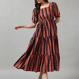 Raiyani Fashion Print Puff Sleeve Crepe Fit & Flare Midi Dress-picture-12