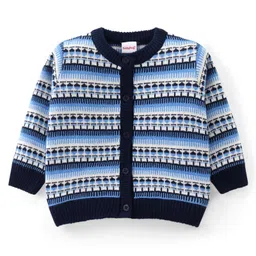 Babyhug Knit Full Sleeves Front Open Sweater Set with Aztec Design & Cap - Navy Blue image 2