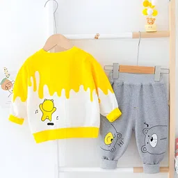 Googo Gaaga Cotton Full Sleeves Teddy Bear Printed Sweatshirt With Joggers Set - Yellow image 3