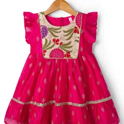 Babyhug Woven Frill Sleeves Ethnic Dress With Floral Embroidery & Sequin Detailing - Fuchsia image 2
