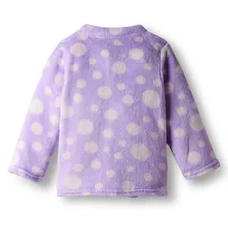 Babyhug Cotton Knit Full Sleeves Front Open Fur Co-ords Winter Night Suit with Polka Dot Print - Lavender image 3