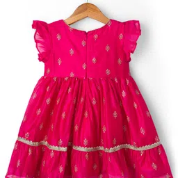 Babyhug Woven Frill Sleeves Ethnic Dress With Floral Embroidery & Sequin Detailing - Fuchsia image 3