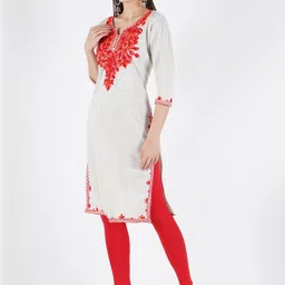 CROWN KING Women Ethnic Motifs Embroidered Aari Work V-Neck Woollen Straight Kurtas image 5