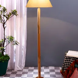 Devansh Off White & Brown Cotton Conical Shade Wood Base Floor Lamps image 4