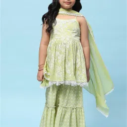 BIBA Girls Light Green & White Printed Kurta, Sharara with Dupatta image 5