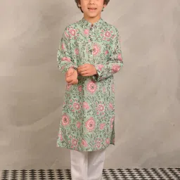 Anthrilo Boys Green & White Cotton Regular Fit Printed Kurta Set image 5