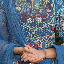 Juniper Blue Floral Printed Pure Cotton Anarkali Kurta Pants & Dupatta Set With Thread Work image 5