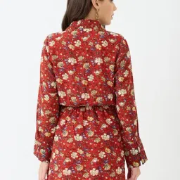 Globus Women Red Collared V-Neck Cuffed Sleeves Allover Floral Print Mini Tie-Up Wrap Dress image 2