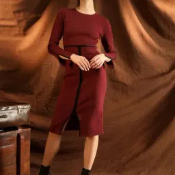 KAZO Burgundy Solid Dress-image-29