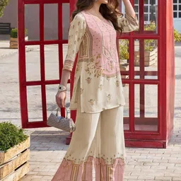 Label Khoj Floral Printed Round Neck Linen Kurta With Trouser image 5