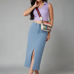 DOLCE CRUDO Last Human Standing High-Rise Front Slit Straight Denim Maxi Skirt-picture-24