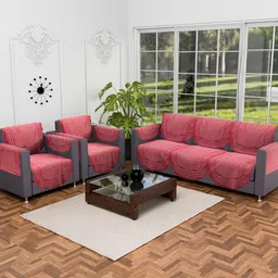 RUBOXA Maroon & Beige 16 Pieces Self Design Cotton 5 Seater Sofa Covers With Arms image 2