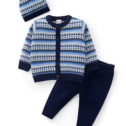 Babyhug Knit Full Sleeves Front Open Sweater Set with Aztec Design & Cap - Navy Blue-picture-15