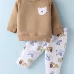 Pepito Fleece Knit Full Sleeves Winter Wear Sweatshirt & Joggers Set with Animal Print - Tan-picture-22