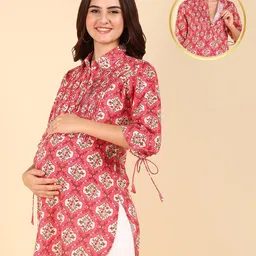 Zelena 100% Cotton Three Fourth Sleeves Floral Printed Zipless Maternity Tops - Multi Colour-picture-26