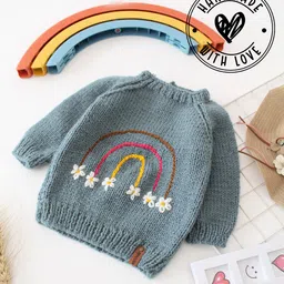Woonie Full Sleeves Handknitted Flower & Rainbow Embroidered Sweater - Grey-picture-27