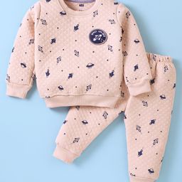 Simply Knit Full Sleeves Winter T-Shirt & Lounge Pant Set With Space Theme Print - Light Peach-picture-34