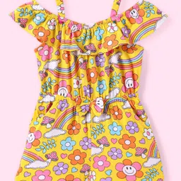 Babyhug Single Jersey Knit Cold Shoulder Sleeves Jumpsuit with Floral Print & Bow Applique - Yellow-image-52