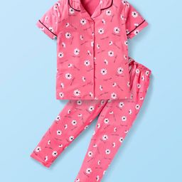 Doreme Single Jersey Knit Full Sleeves Floral Printed Night Suit - Dark Pink-image-60