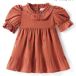 Babyoye Cotton Woven Puffed Sleeves Frock with Frill Detailing & Embroidery - Rust Orange-picture-11