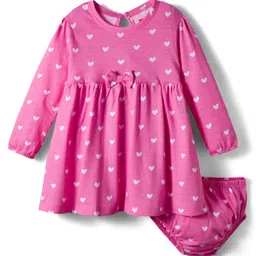 Babyhug Cotton Knit Full Sleeves Frock With Bloomers & Heart Print - Pink-picture-18