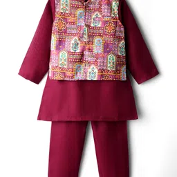 Babyhug Cotton Woven Full Sleeves Solid Kurta Pajama Set with Floral Motif Print Jacket - Maroon-picture-24