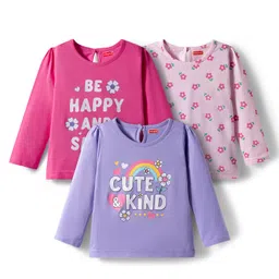 Babyhug 100% Cotton Knit Full Sleeves T-Shirts with Text & Floral Print Pack of 3 - Pink Lilac & Dark Pink-image-40