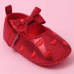 Babyoye Velcro Closure Booties with Heart Embroidery & Bow Applique - Red image 3