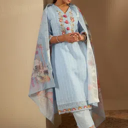 Indo Era Floral Yoke Design Straight Thread Work Pure Cotton Kurta with Trousers & Dupatta-picture-27