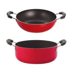 Nirlon Non-Stick Red Aluminium Gas Compatible Kadhai & Casserole Cookware Set of 2 Pieces-picture-38