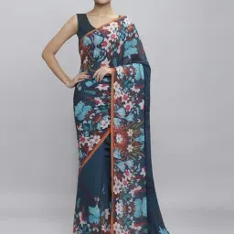 navyasa by liva Navyasa Deep Blue Liva Georgette Floral Printed Saree With Coordinated Unstitched Blouse Piece-picture-10