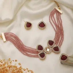 Aatmana Kundan-Studded & Beaded Purple Necklace, Earring & Ring Set-picture-36
