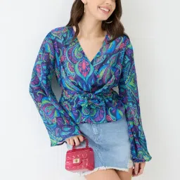 Globus Women Blue Georgette Paisley Print V-Neck Wrap Waist Tie-up Flared Sleeves Peplum Top-image-11
