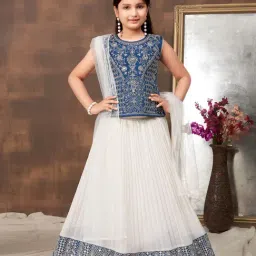 Aarika Kids Teal & White Embroidered Lehenga, Choli, Dupatta with Unstiched Sleeves-image-75