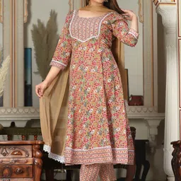 SINGNI Floral Printed Round Neck Flared Anarkali Kurta With Trousers & Dupatta image 4