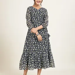 DressBerry Women Floral Print Belted Flounce Georgette A-Line Midi Dress-image-25