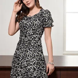 OOMPH! FACTOR Women Floral Print Puff Sleeve Crepe Sheath Mini Dress-picture-11