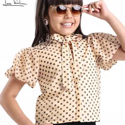 arias by lara dutta Arias Georgette Balloon Sleeves Top With Lining & Square Print - Beige image 1