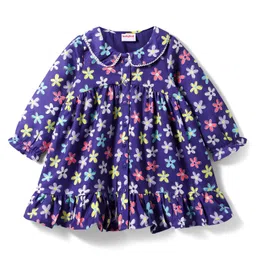 Babyhug Woven Full Sleeves Peter Pan Collared Front Open Frock with Floral Print - Navy Blue-picture-18