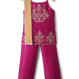 Pine Kids Woven Sleeveless Kurta Palazzo & Dupatta Set With Floral Embroidery & Sequin Detailing - Dark Pink-image-4