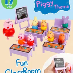 Fiddlerz Peppa Pig Classroom Playset for Kids with Mini Desks Chairs Blackboard and 8 Cute Character Figures Educational Role Play Toy Set for Boys and Girls-image-6