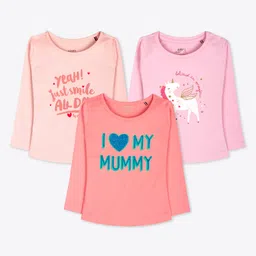 Ariel Cotton Knit Pack Of 3 Full Sleeves Unicorn & Typography Printed Tees - Orange & Pink-picture-18