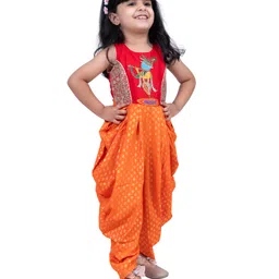 Twisha Cotton Woven Sleeveless Beads Embellished Lord Krishna Designed Jumpsuit - Red & Orange-picture-27