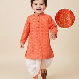 Babyhug Cotton Woven Full Sleeves Cambric Printed Kurta Dhoti Set with Sequin Detailing - Orange-picture-25