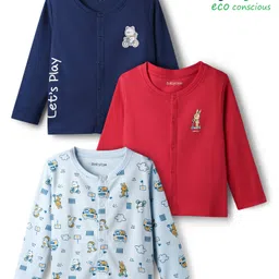Babyoye Male 100% Cotton Knit Full Sleeves Jhablas with Animal & Vehicle Print Pack of 3 - Red Navy Blue & Red-image-10